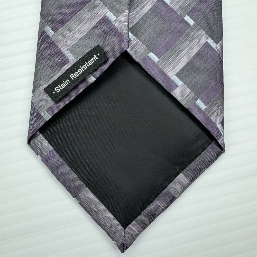 Van Heusen Tie Purple Gray Squares Pattern Mens Necktie 100% Silk